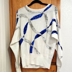 R&K White Sweater with Blue and Silver Sequins